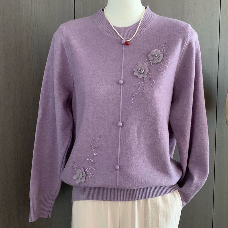 

Autumn Winter Women s Crew Neck Cardigan Sweater Floral Applique Loose Knit Plus-size Cardigan 4XL фіолетовий