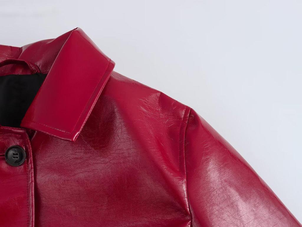 2025 Spring Women's Red Glossy Leather Lapel Jacket – European & American Style