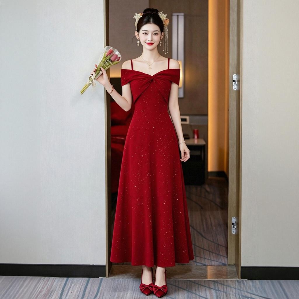 Suspender Shoulder Flash Red Toast Dress Long Bridal Engagement Dress Return Banquet Party Waist Skinny Dress