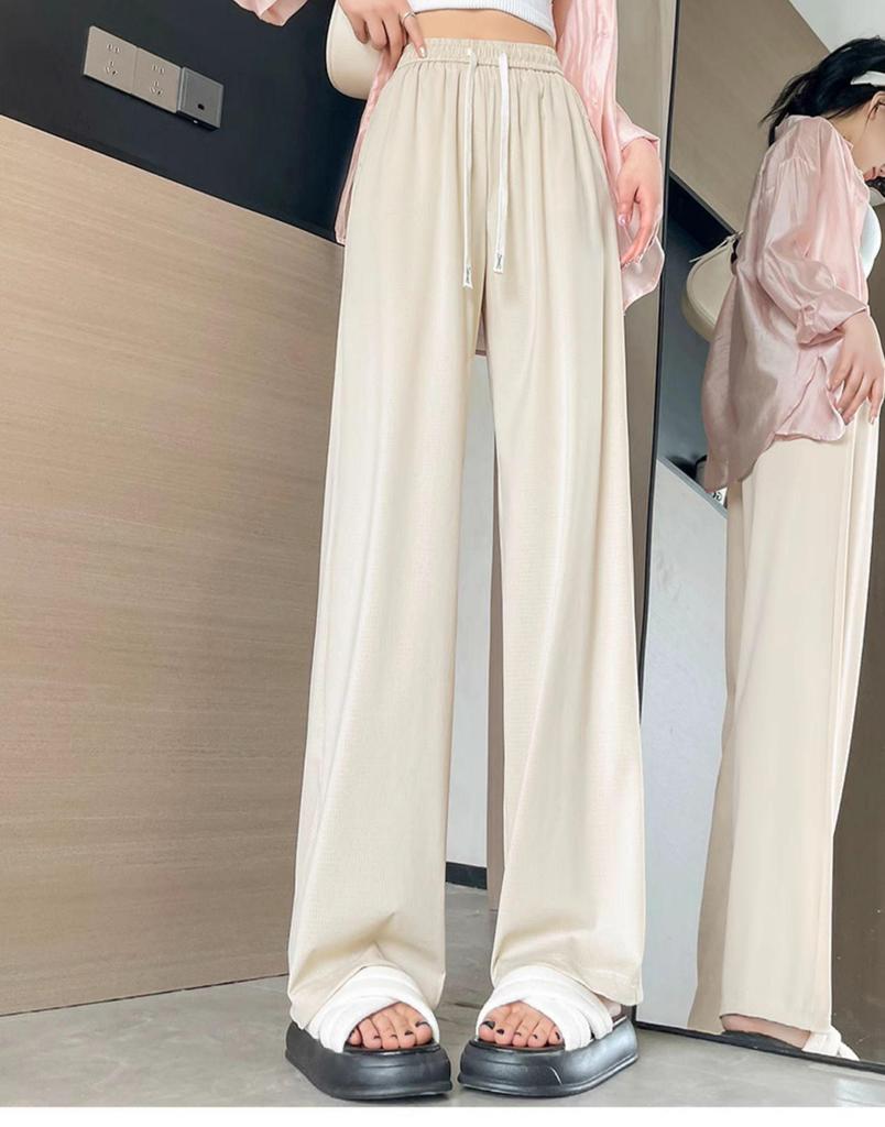 Women's Summer High Waist Ice Silk Wide-Leg Pants - 2025 New, Lightweight, Floor-Length, Loose, Slimming, Casual Straight Leg Design.
