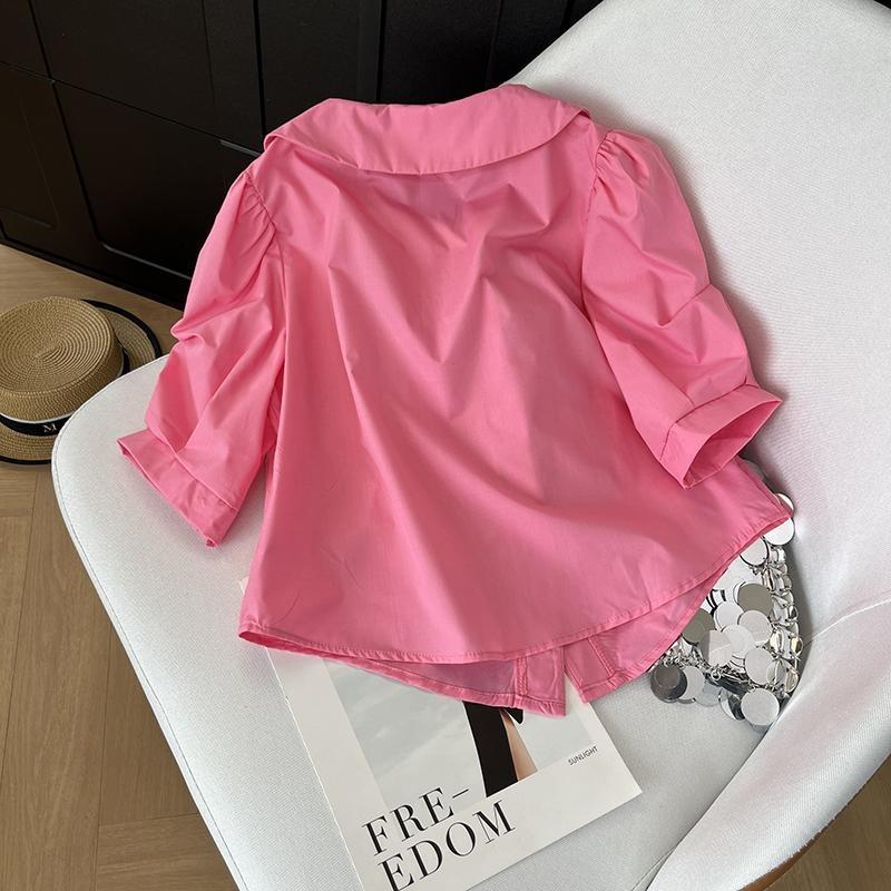 Hong Kong style retro rose flower pink short-sleeved shirt women's summer temperament thin shirt design sense niche top
