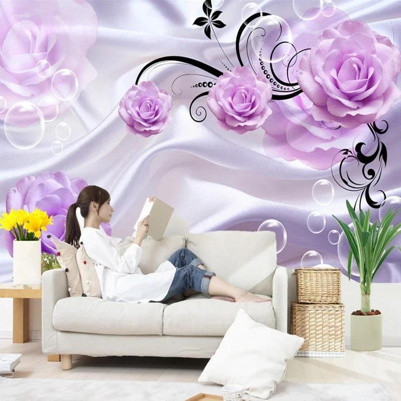 Custom Photo Wallpaper 3D Floral Purple Rose Silk Background Modern Simple Romantic Living Room Bedroom Wall Design Mural Paper