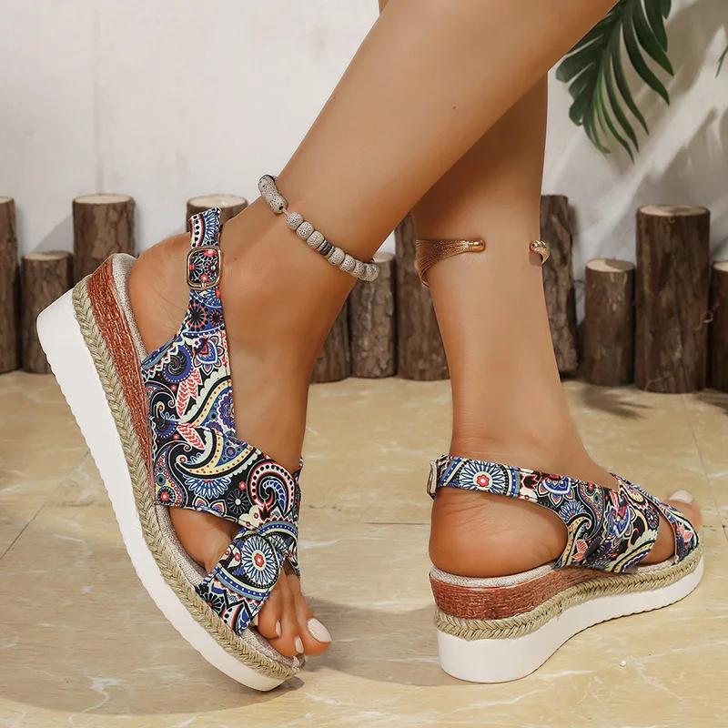 Fashion Bohemian Cross Strap Platform Sandals Women Retro Soft Sole High Heel Sandal Woman Summer Plus Size Open Toe Sandalias Mujer