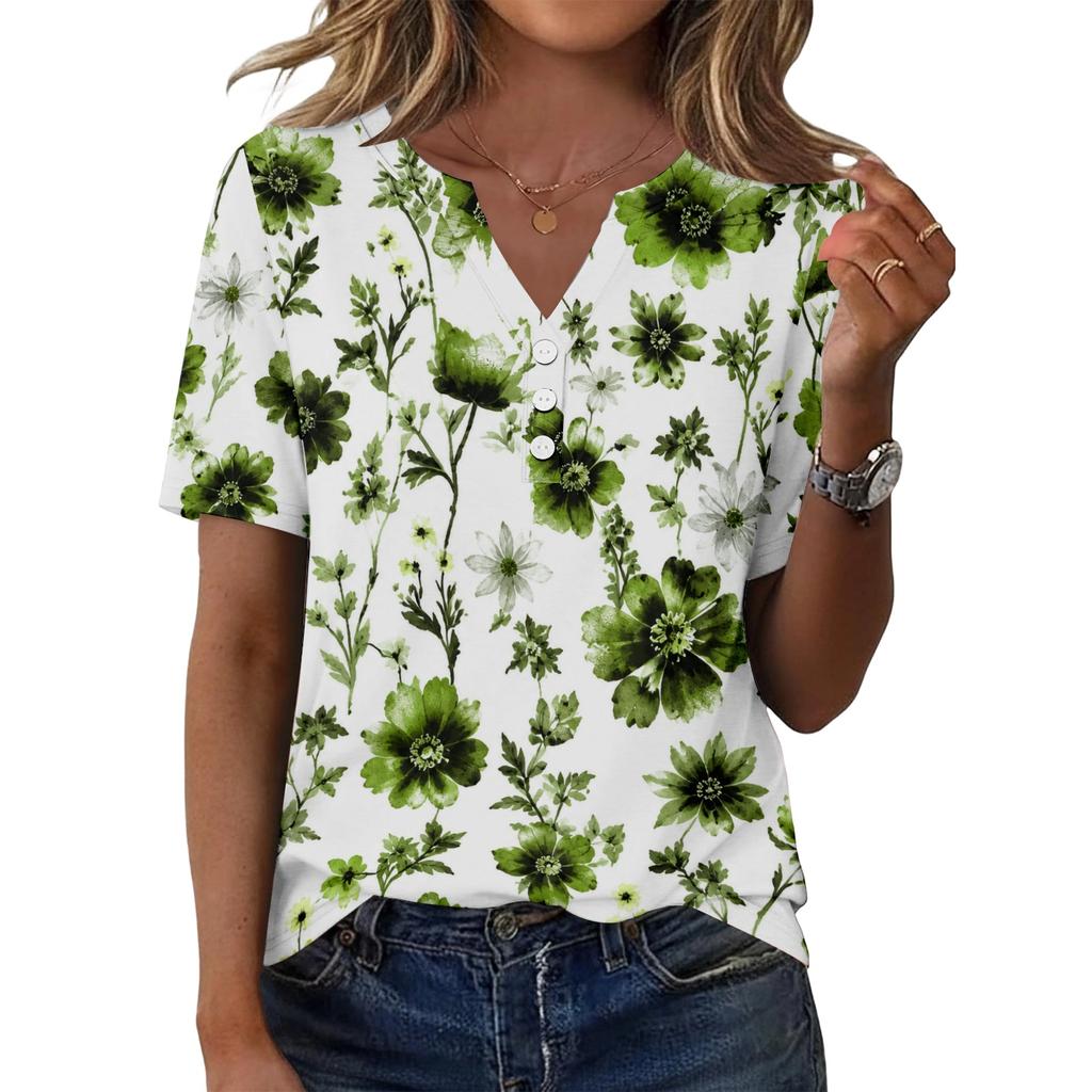 Women's Casual Floral Print V-Neck Short Sleeve Button T-Shirt