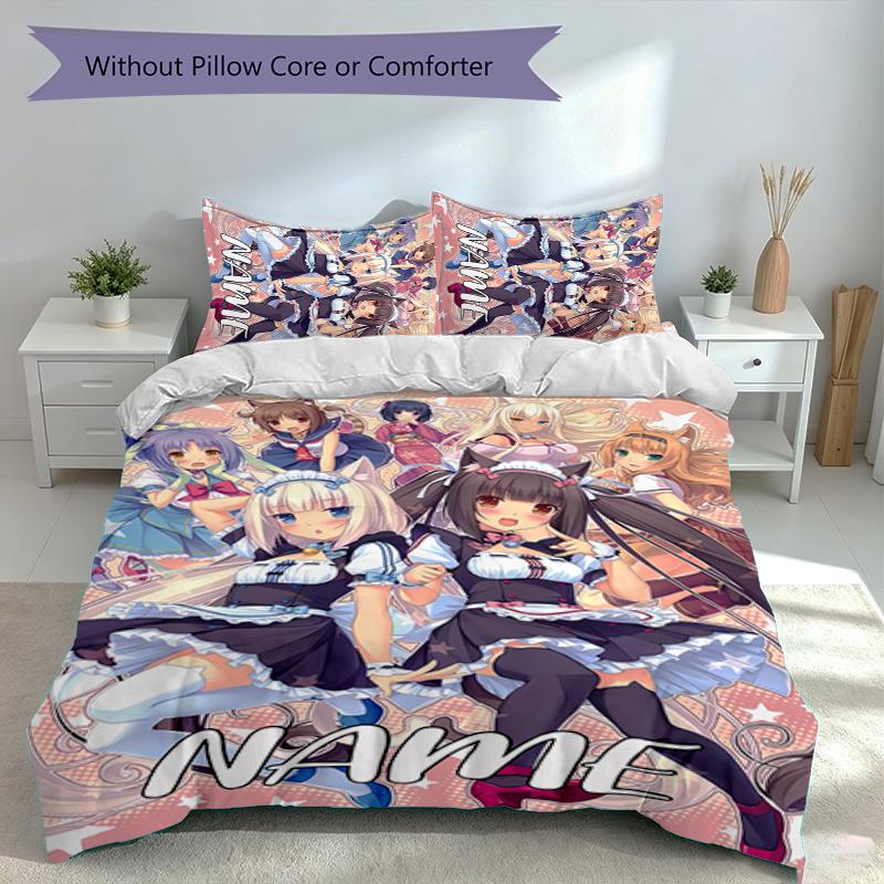 3pcs Custom Name Nekopara Set,Includes 1 Duvet Cover and 2 Pillowcases,All-season Bedroom Decor