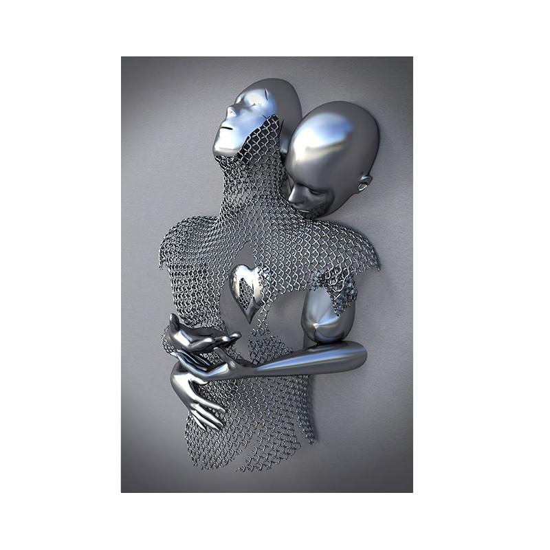 

Пары 3D Абстрактная металлическая фигура Скульптура Холст Картина Обнимающие пары Плакаты с серебряным эффектом и принты Настенное искусство Домашний декор 40x50 cm No Frame