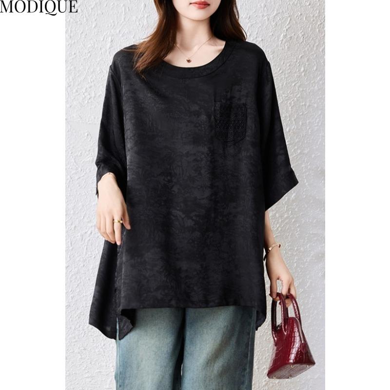 MODIQUE Spring Summer Plus Size New Women Black Loose Vintage Solid Blouse Shirts Female Casual Oversize Short Sleeve O-Neck Top