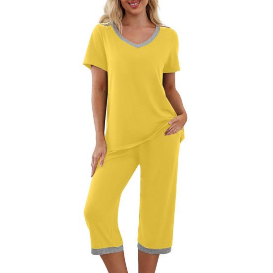 2 Pcs/Set Pajamas Set V Neck Contrast Color Short Sleeve Loose Homewear Elastic Waist Cropped Pants Summer Night Clothes