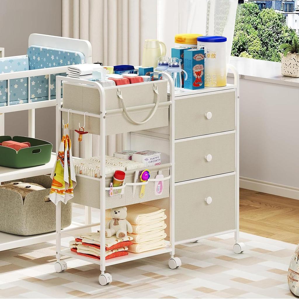 Storage Cart with 3 82 x 29 x 85 Includes Basket with for Baby Rooms and Beige Casters, Drawers, cm, Handle, Bedrooms, (Beige)