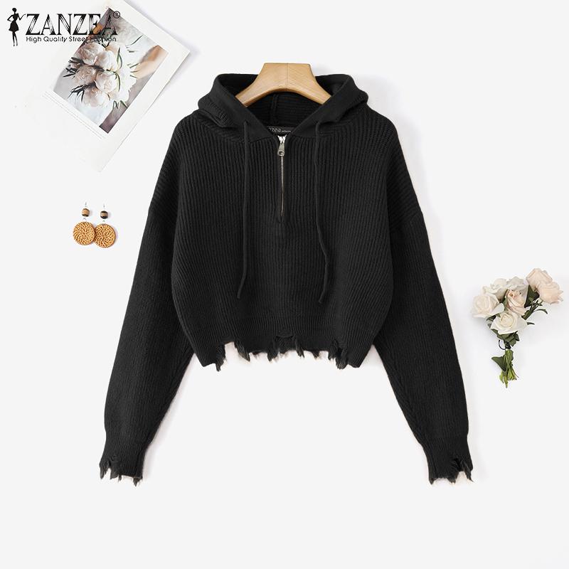ZANZEA Autumn Women Long Sleeve Zip-up Rib Knitted Irregular Hooded Sweaters