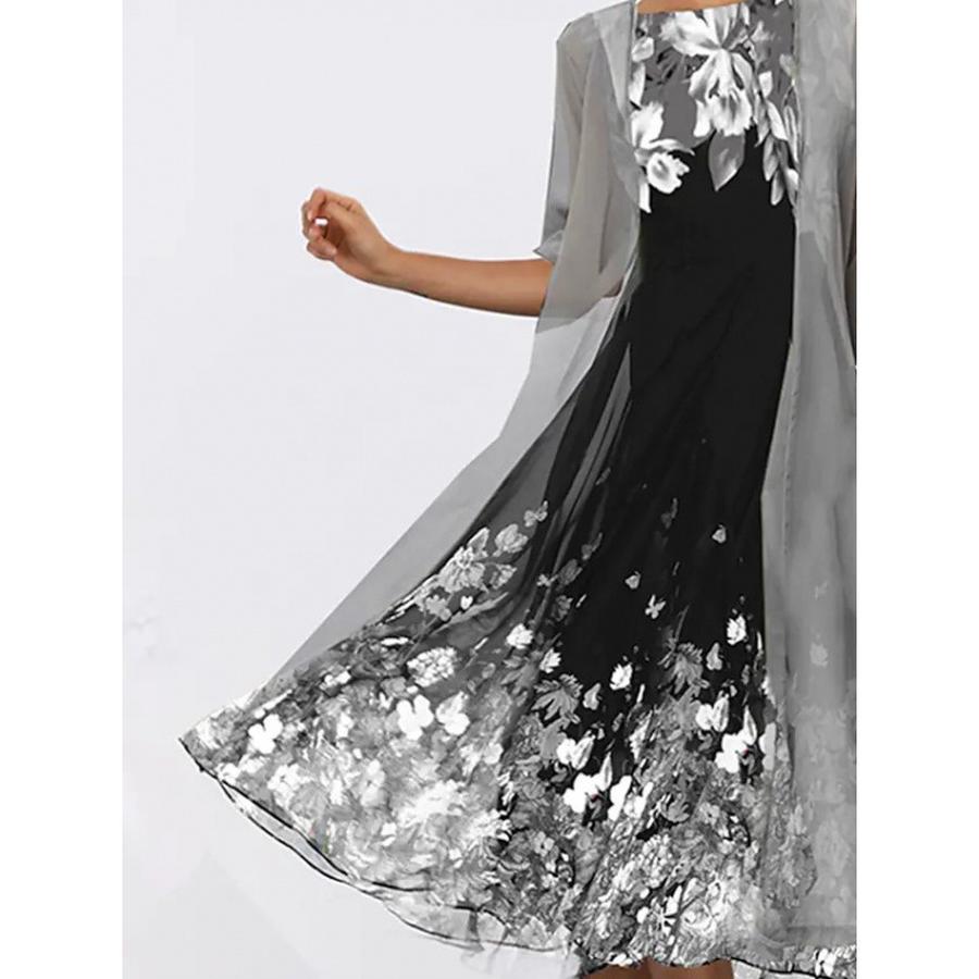 Two Piece Chiffon Printed Slim Fit Long Dress for Women, Fashion and Elegant