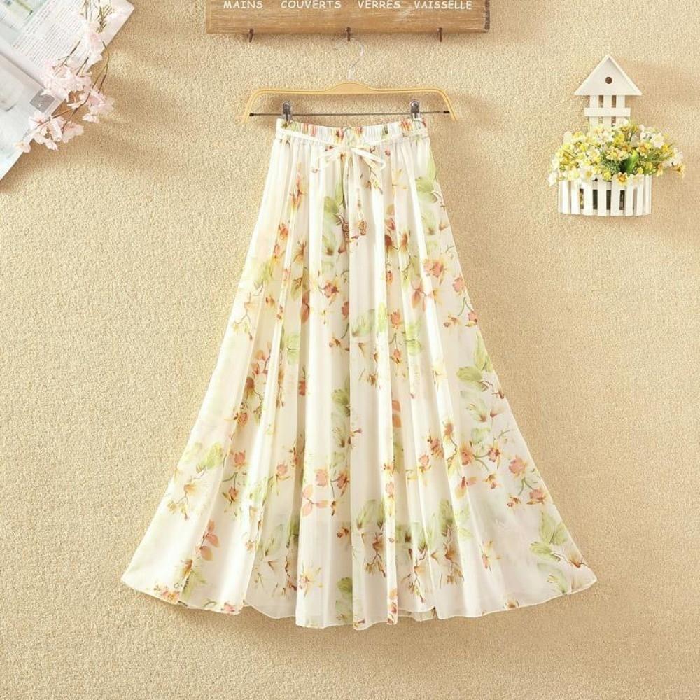 Qooth Women A Line Flower Chiffon Skirt Wide Hem Mid Length Elastic Waist Casual Skirt QT2665