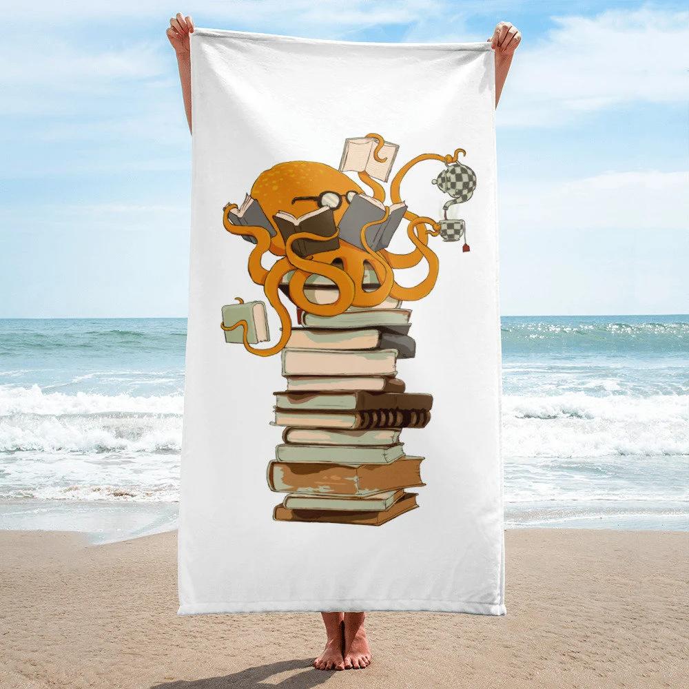 Octopus Reading Books Beach Towel, Cartoon Art Design, Soft Lightweight Pool Towel for Beach Vacation