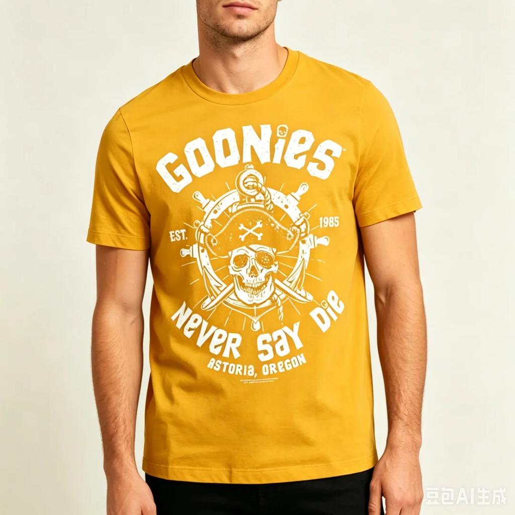 2026 Trendy Unisexs Goonies Never Say Die Tshirt Vintage 80s Movie Style Skull Pirate Graphic T Shirt Fashion Street Harajuku Top