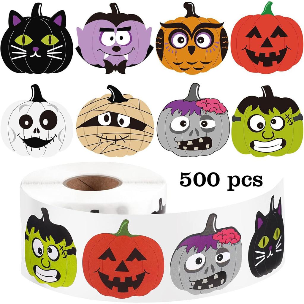 Halloween Stickers Roll 500 Count - Self-Adhesive Labels with Pumpkin Faces and Assorted Designs for Party Favors, Envelope Seals and DIY Crafts