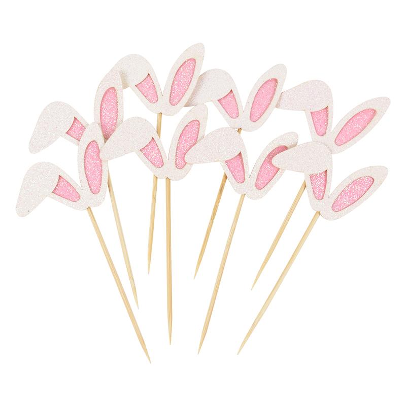 12pcs Easter Bunny Ears Cupcake Toppers Happy Easter Cute Rabbit Cake Topper Food Picks Kids Birthday Party Decoration Supplies