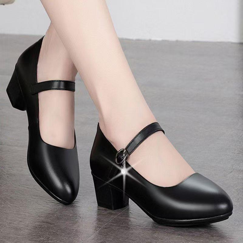 Women's Medium Heel Pumps - Soft Leather Non-Slip with Adjustable Buckle, Comfortable for Daily & Casual Wear