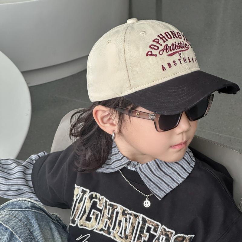 Children's American Retro Ripped and Fashionable Letter Embroidery Color blocking Bay Brim Spring and Autumn Soft Top Hat Casual Baseball Hat