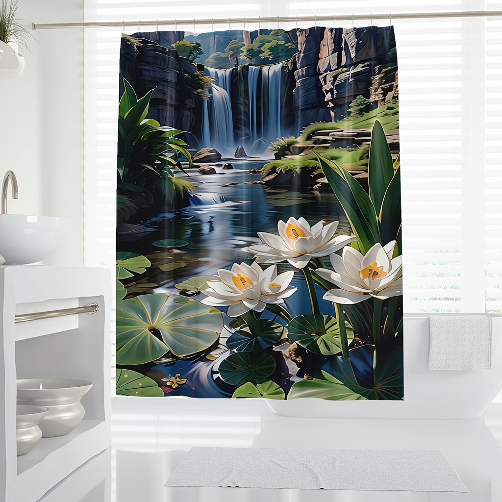 Waterfall & Lotus Shower Curtain, Waterproof, Easy-Hang with Hooks, Bathroom Partition, Decorative Home Accessory