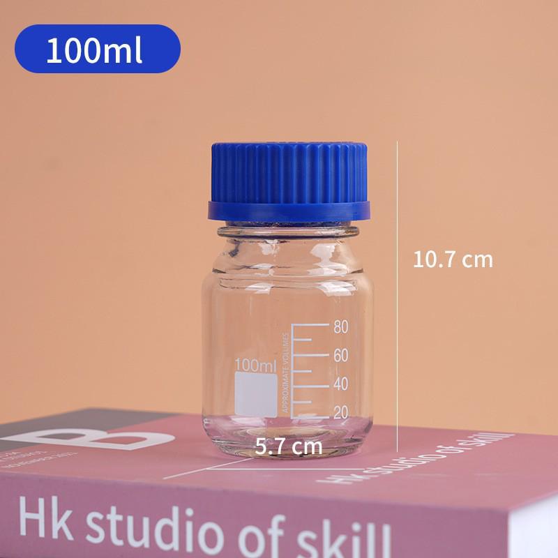 Blue Cap Transparent Glass Reagent Bottle with Scale, Brown Round Sampling Bottle