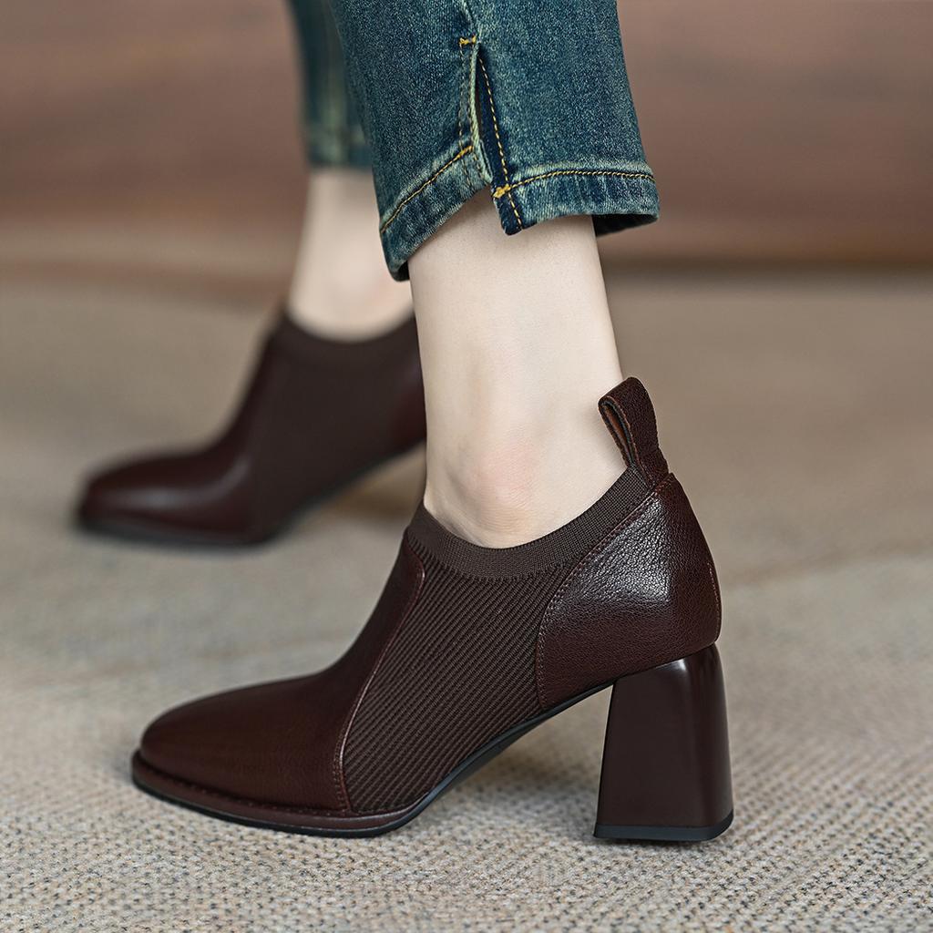 High heels women's retro niche knitted splicing square head bag instep thick heel single shoes