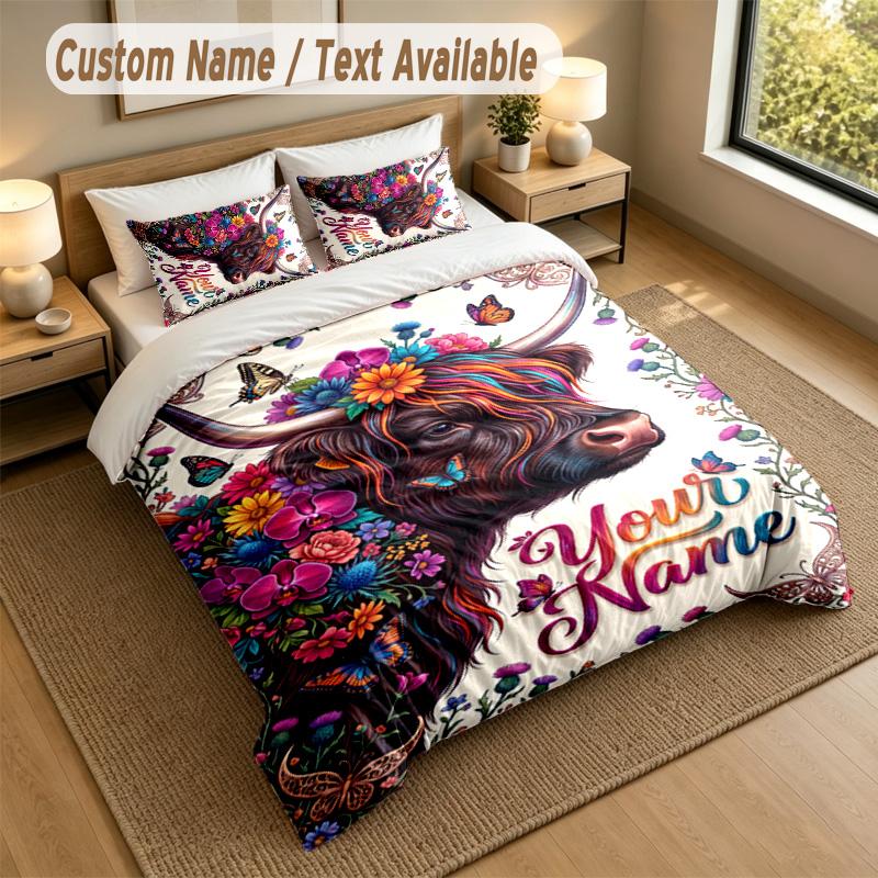Cow Highland Theme Personalized 3Pcs Bedding Set Custom Text & Name 1 Sheet 2 Pillowcases Household Bedding 1pc