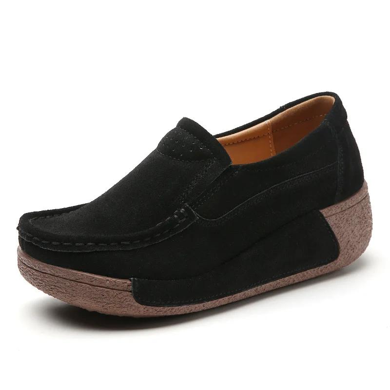 Women Genuine Leather Shoes Platform Flats Loafers Slip On Korean Plus Size 42 Female Vulcanized Shoes Casual Comfort Mom Shoes