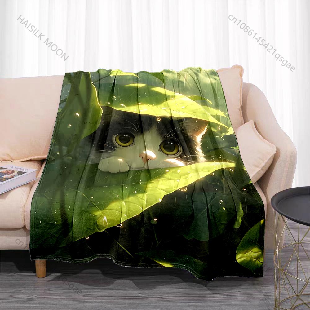 Multiple Sizes Cat Hiding Under Leaves Blanket Suitable for Home Bedroom Sofa Travel Camping Blanket Various Sizes for Gifts