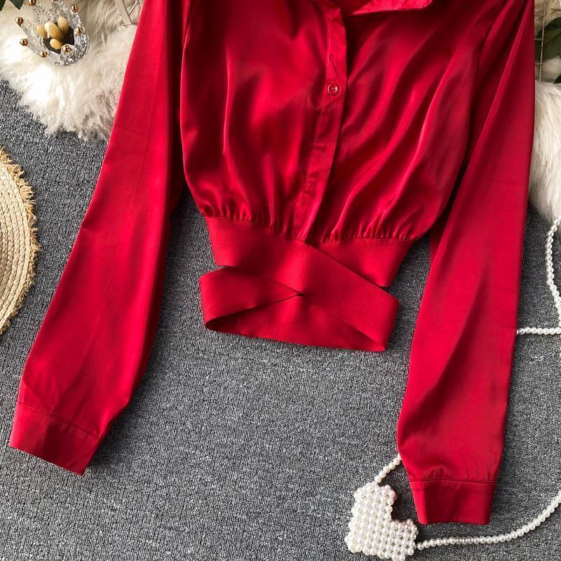 Spring French Design Sense Elegant Shirt Women Aesthetic Elastic Belt Waist Slim Short Blouse Female New Fashion Solid Retro Shirt Joker