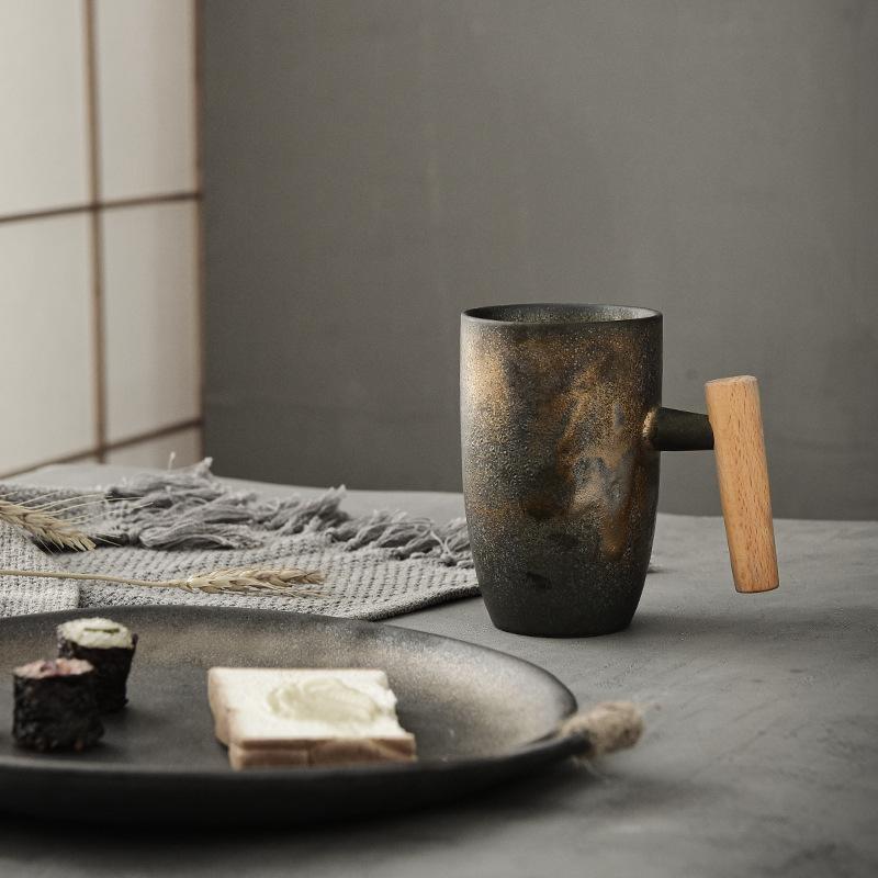 350ML Creative Japanese Ceramic Coffee Cup Kiln Changed Wooden Handle Handle Latte Mug Large Capacity Water Cup Retro Tea Set