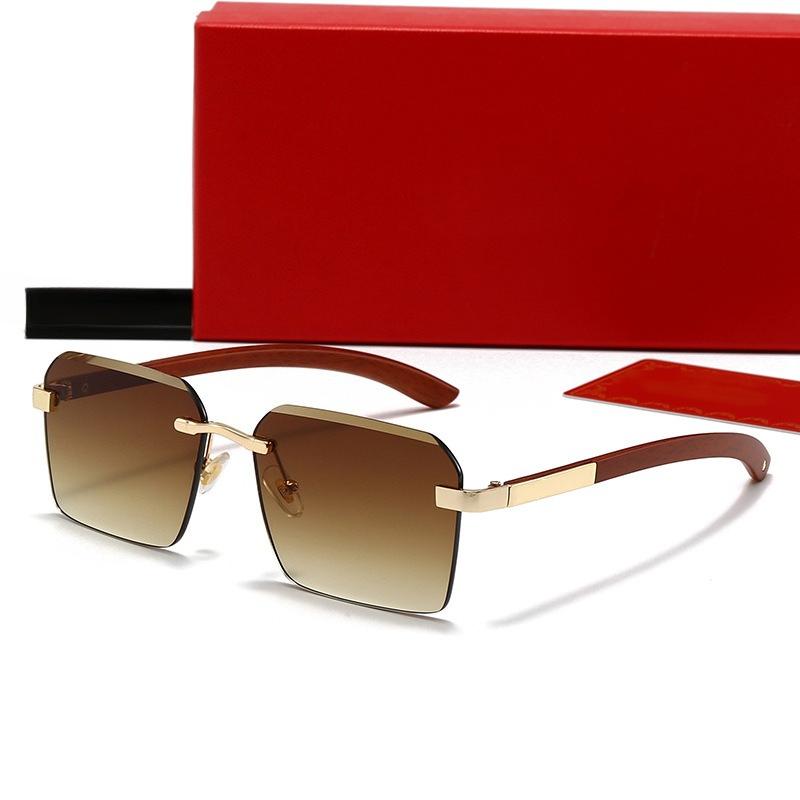 Fashion Rimless Square Sunglasses for Men Women New VintageMetal Frame with Wooden Temple, Classic Retro Shades UV Protection