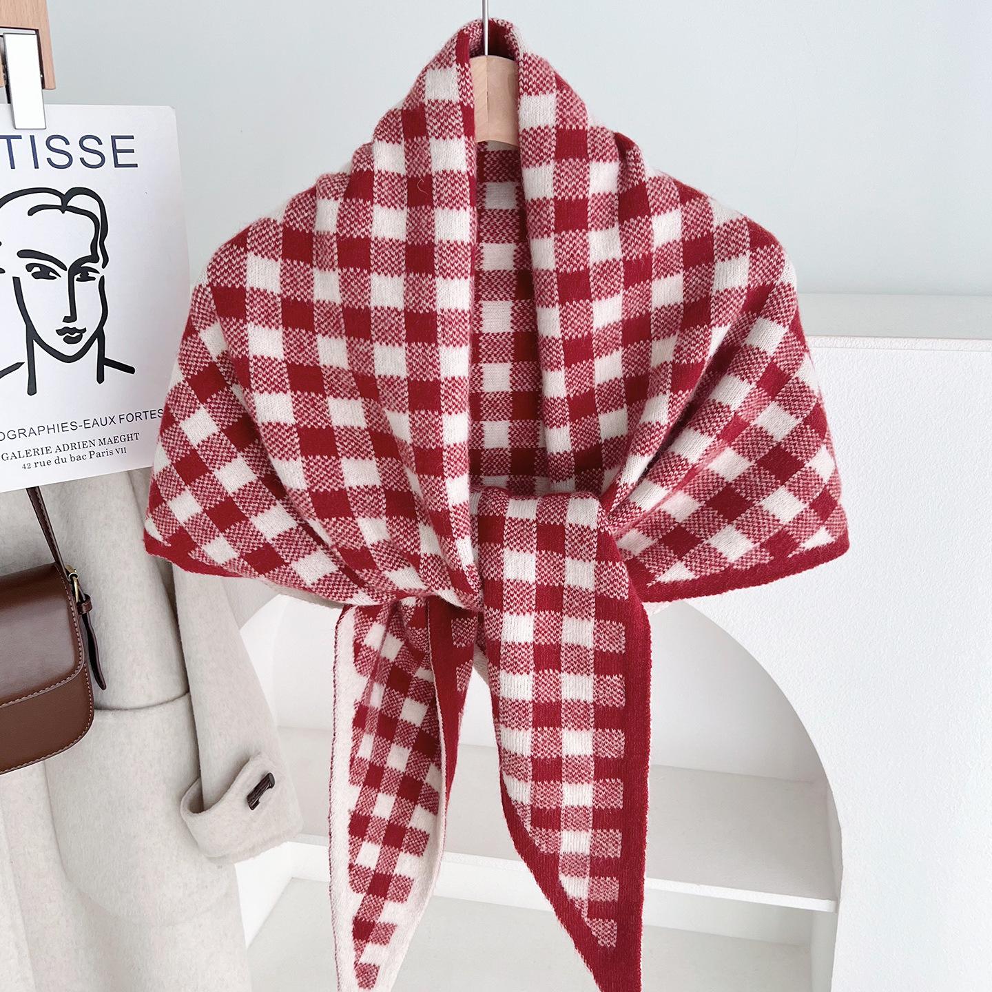 Britischer Strickwollschal Damen Große Größe Dreieckstuch Karomuster Dreiecksdesign Stola Weich Outdoor Winddicht Weihnachtsgeschenk brown