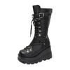 Women Fashion Boots Round Toe Platform Sole Wedge Heel Rivet Lace Mid-tube Boots Punk Large Size European American Knight Boots