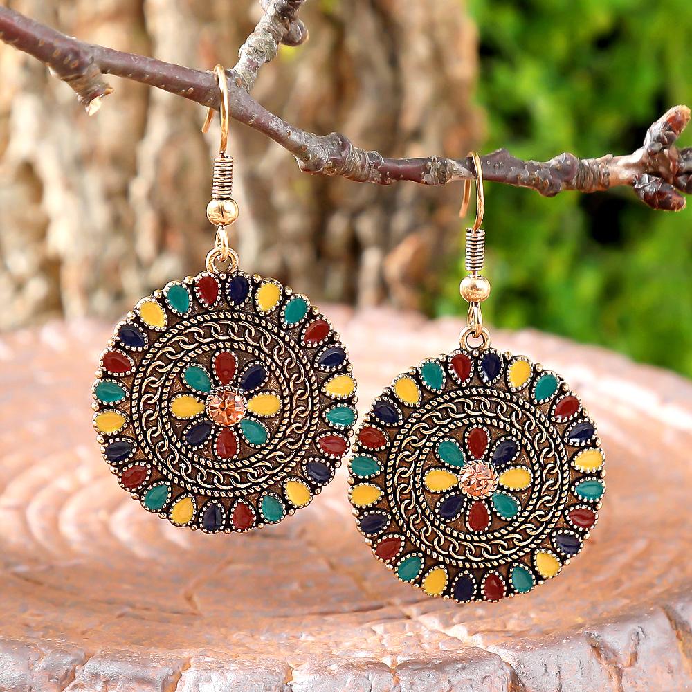 Vintage Bohemian Round Drop Earrings for Women Ethnic Simple Drop Oil Flower Shaped Temperament Earrings Female Jewelry
