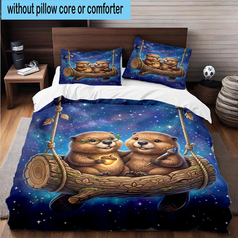 Starry Groundhog Illustration 3pcs Bedding,Including 1pc Duvet Cover And 2pcs Pillowcases Perfect for Christmas,Ideal for Bedroom, Dormitory