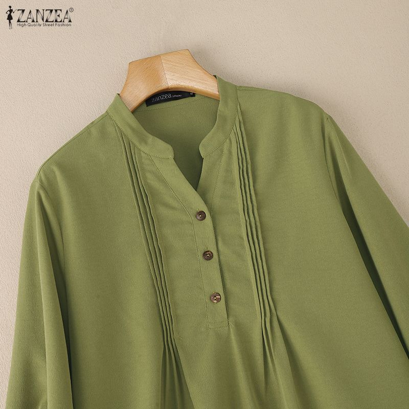 ZANZEA Dámská ležérní jednobarevná volná halenka s V-výstřihem a dlouhým rukávem