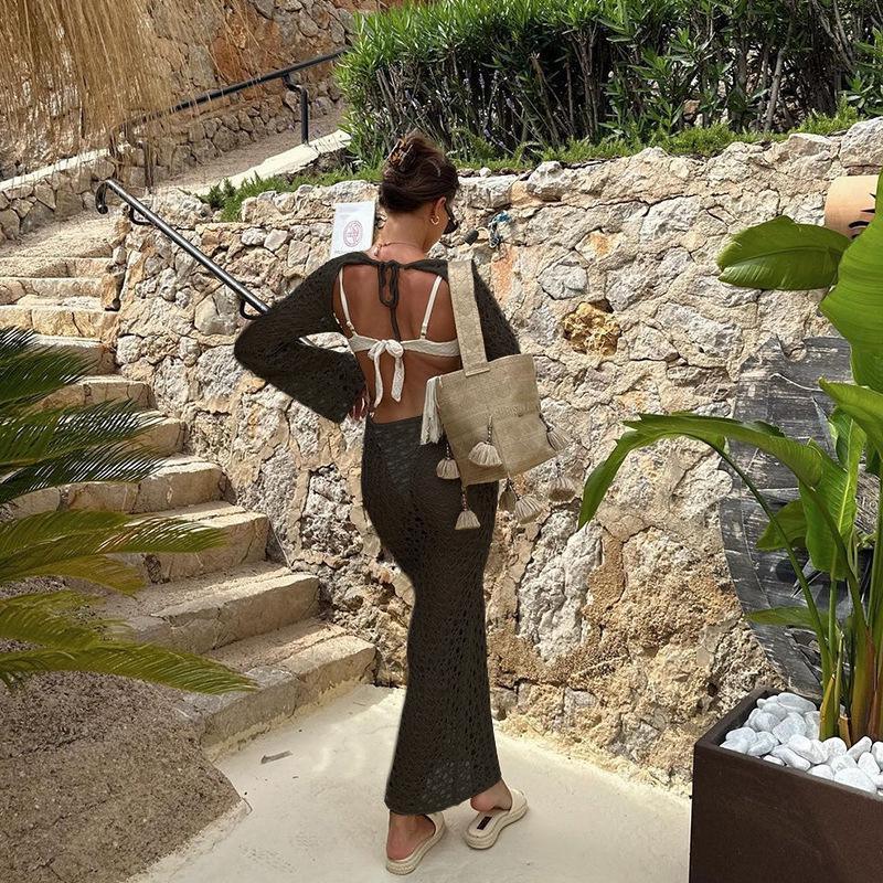 2024 Women's European & American Knitted Beach Dress: Hollow Out, Solid Color, Sexy Backless, Tie-Up, Long Sleeve Maxi Dress & Bikini Cover-Up