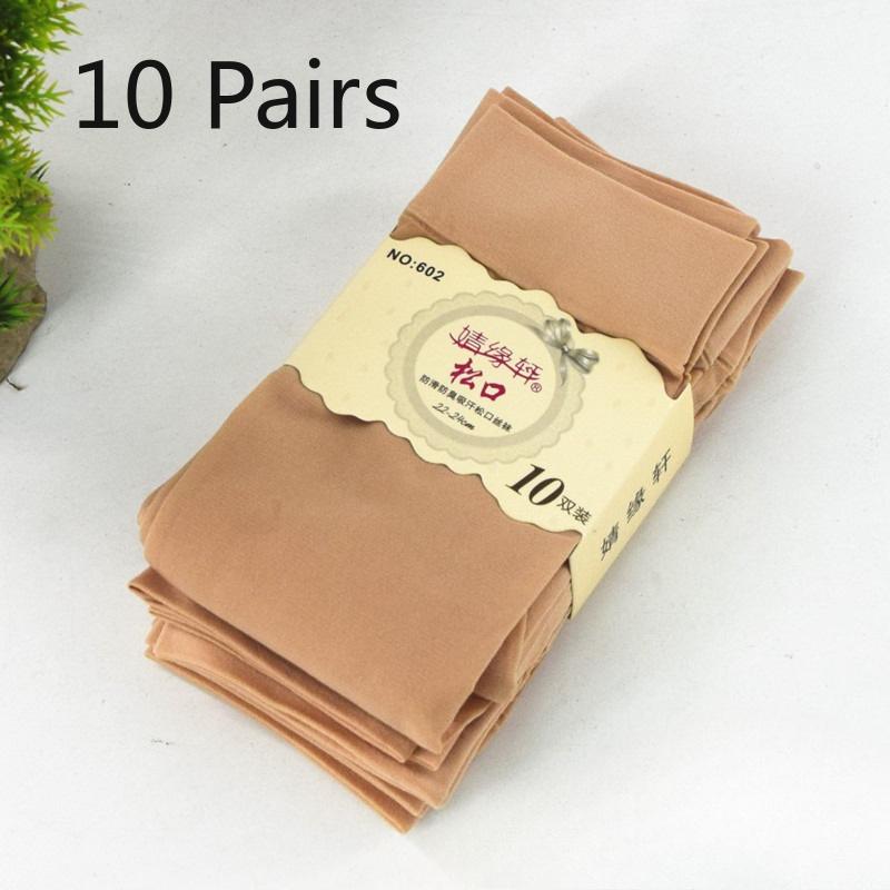 10 Pairs of Summer Light-weight Women's Loose-spun Steel Wire Stockings, Anti-slip, Straight Tube, Plain Style, Long-length Stockings
