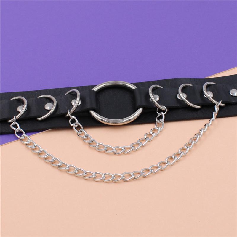 Punk dobbeltlags lær O-ring kjede choker halskjede - Europeisk og amerikansk street style metalldesign med sirkel.