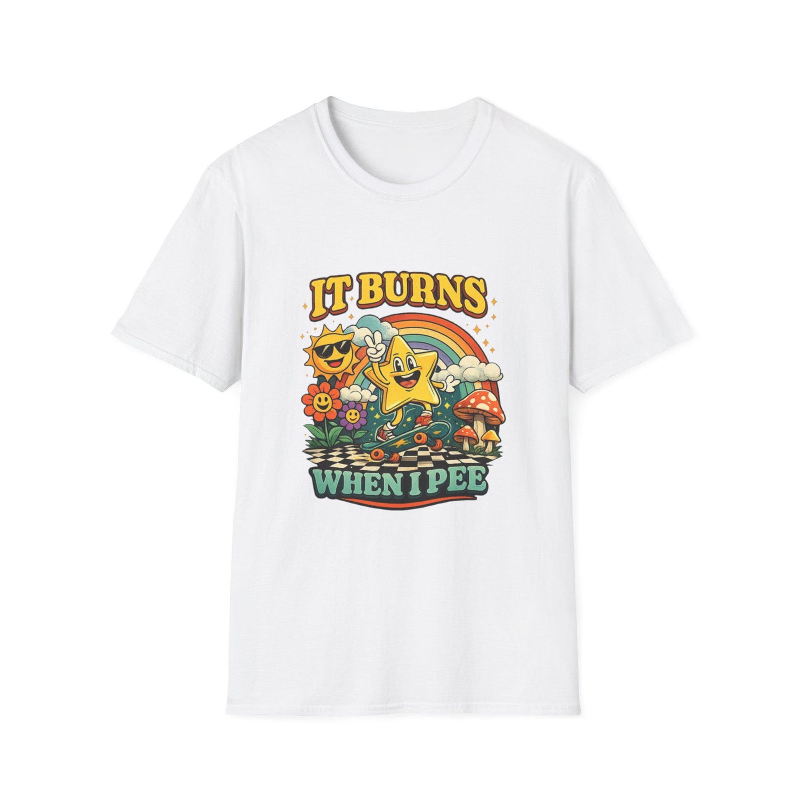 It Burns When I Pee T-Shirt | Retro Sun Star Rainbow Graphic S