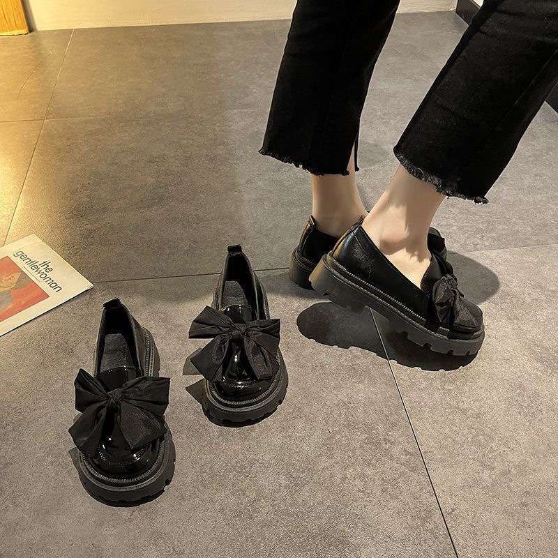 Black loafers women's new summer niche bow platform British style small leather shoes retro shoes single shoes women's shoes