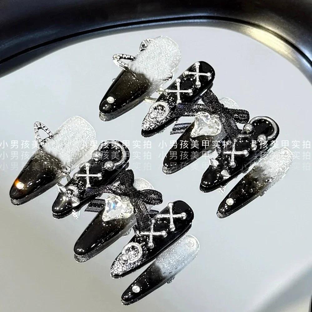 10Pcs Luxury Handmade Long Stiletto Press On Nails 3D Sparkling Diamond Bow Pearl Flower Full Cover Fake Nails