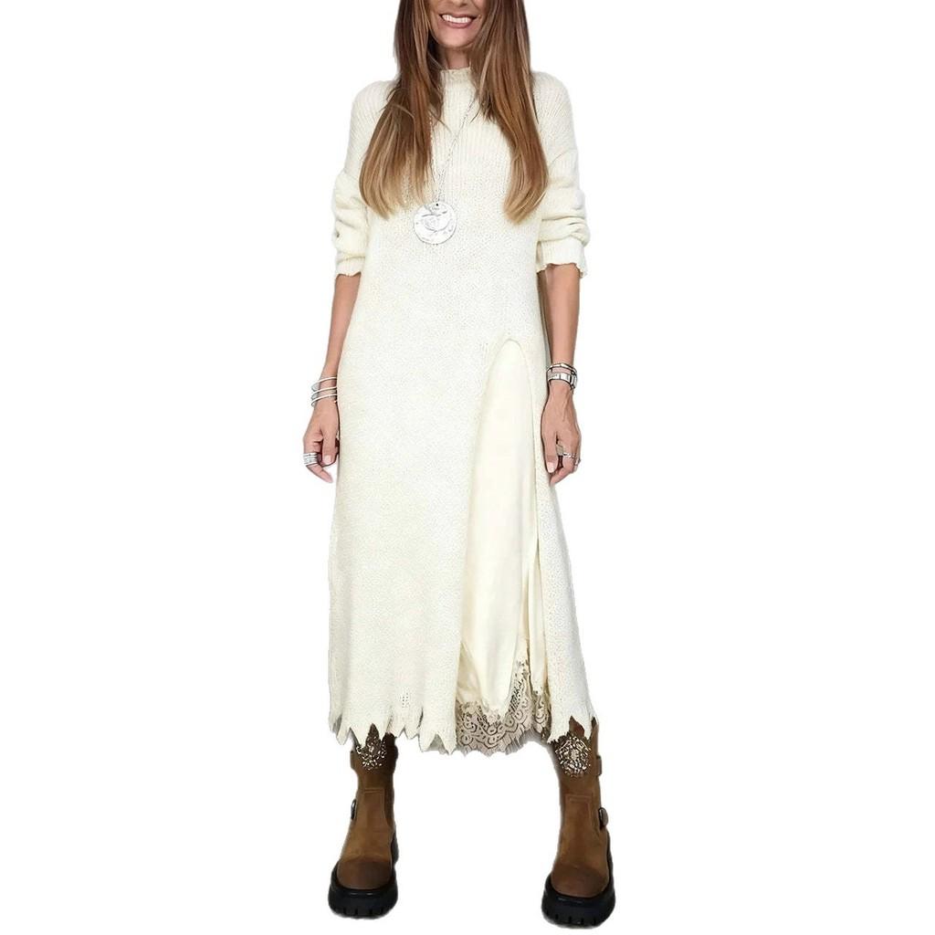 Autumn Lace Slip Dress Set With Spliced Knit Top For Elegant Office Women