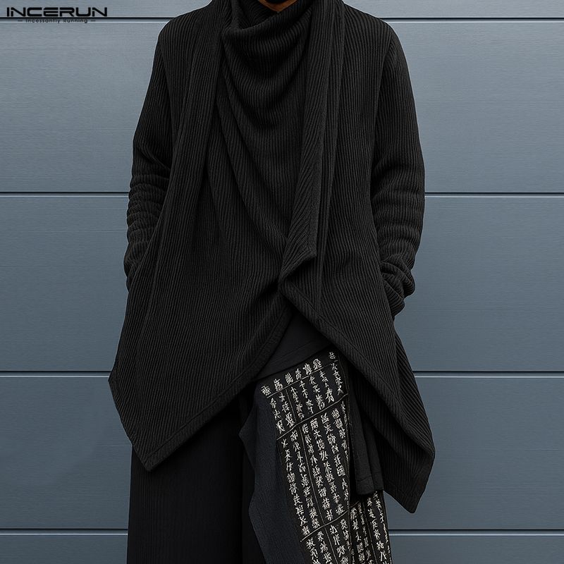 INCERUN Pánské podzimní topy a trička s dlouhým rukávem, s neobvyklým volným žebrovaným střihem a výstřihem s klopou