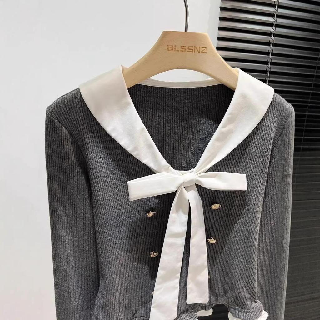 Zweiteiliges College-Stil Faux Longsleeve Oberteil mit Schleife für Damen – Slim Fit, Herbstmode Oberbekleidung