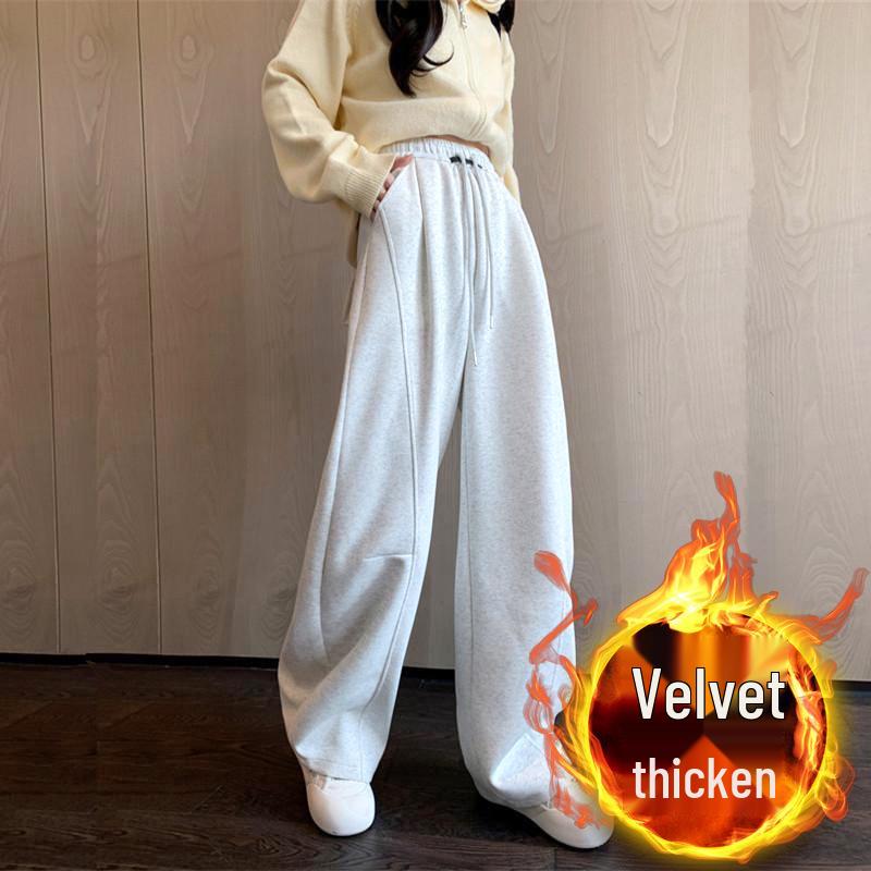 Women's Fleece-Lined Wide-Leg High-Waisted Sports Pants: Slimming, Loose-Fit, Autumn/Winter Casual Sweatpants.