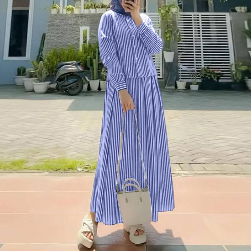 ZANZEA Women Casual Long Sleeve Blouse and Long Skirts Stripe Print Two Piece Suit Sets
