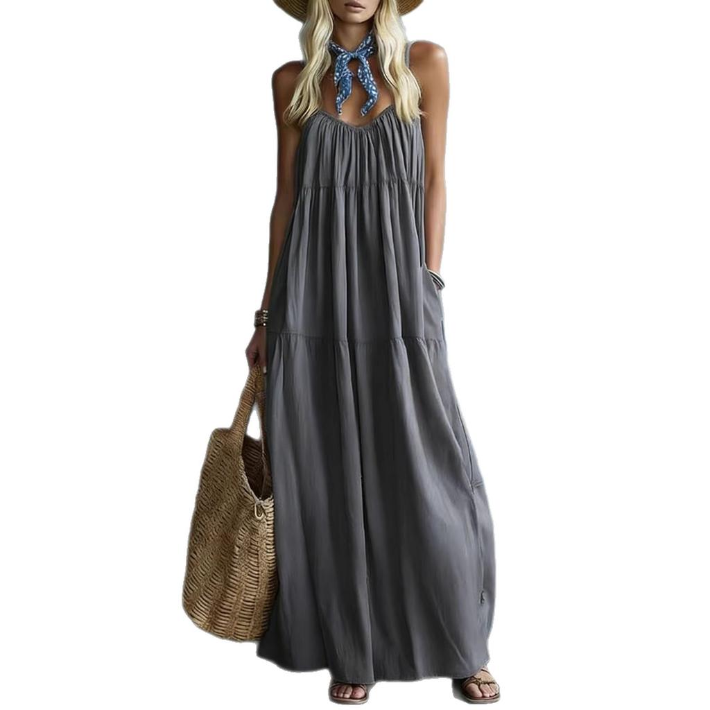 Women Summer Boho Spaghetti Strap Tiered Maxi Dress, Loose Flowy Pocket Solid Sundress, Lightweight Blend Fabric Casual Beach Resort Vacation Dress