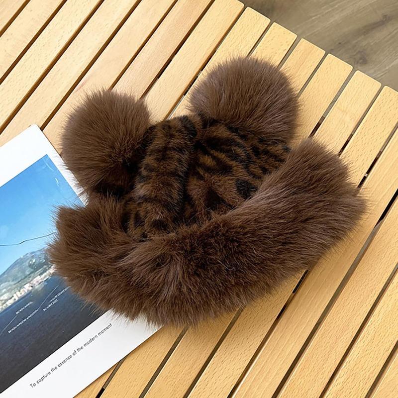 Retro Leopard Print Plush Cat Ears Beanie Women Mongolian Hat Thicken Hat Winter Warm Fluffy Fur Bucket Hat
