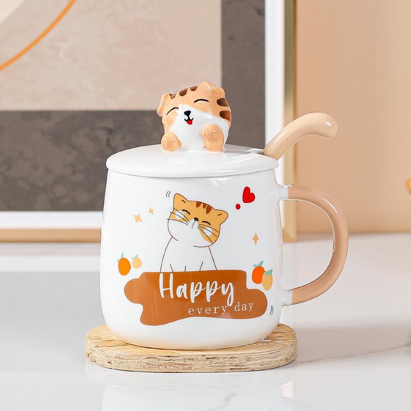 

Mug with lid cute cat cup ceramic Korean water cup gift coffee cup 401-500ml